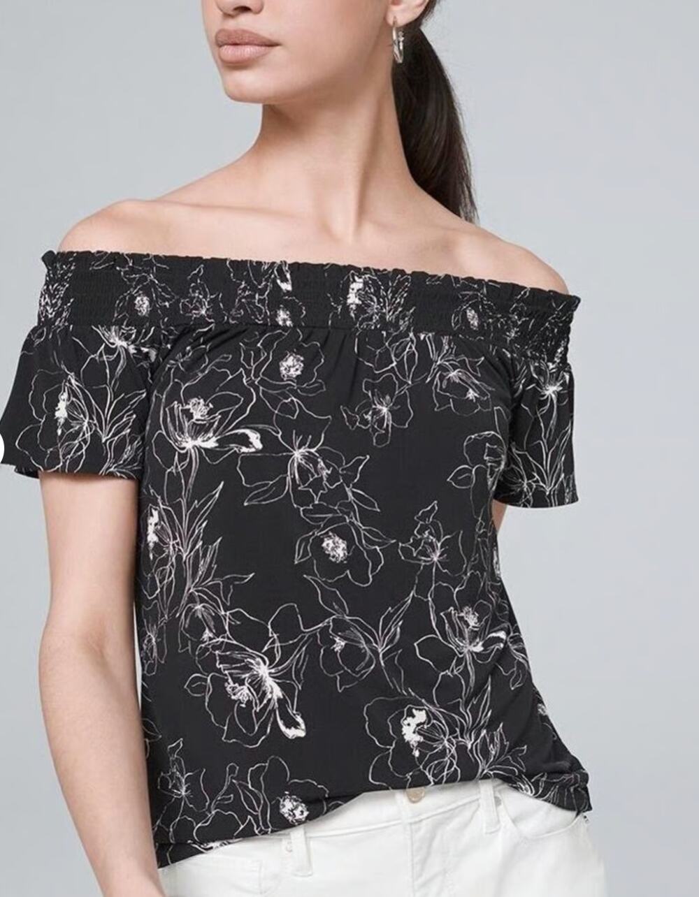 WHBM Black White Floral Off Shoulder Blouse Medium